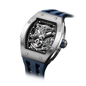 TSAR BOMBA Men's Automatic Watch | Silver Blue | Stainless Steel Case | Japanese Mechanical Skeleton Movement | Luxury Sport Wristwatch | Elemental TB8228A