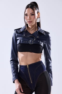 AKIRA Harley Luxe Ultra Crop Moto Jacket In Navy | Size 2X