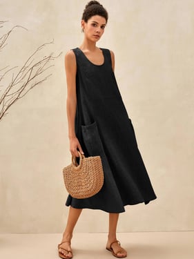100% Linen Swing Beach Tank Dress GIANA - Charcoal Black / XXXL