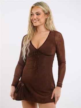 Daisy Street Long Sleeve Devore Mesh Mini Dress - Brown - XS