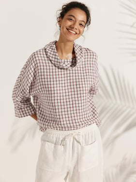 100% Linen Dropped Collar Long-Sleeve Top TRISTAN - Highland Plaid / XXL