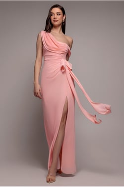Goddiva One Shoulder Cowl With Bow Detail Maxi Dress - Blush Pink