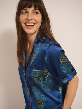 Womens Satin Shortie Pyjamas Navy Peacock - 3XL / 22-24 / Blue