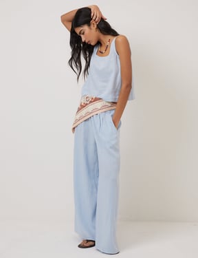 Light Blue Linen-Blend Wide Leg Trousers