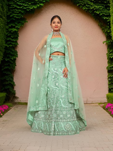 Semi-Stitched Lehenga with American Diamond & Zari Thread Work by Shreekama