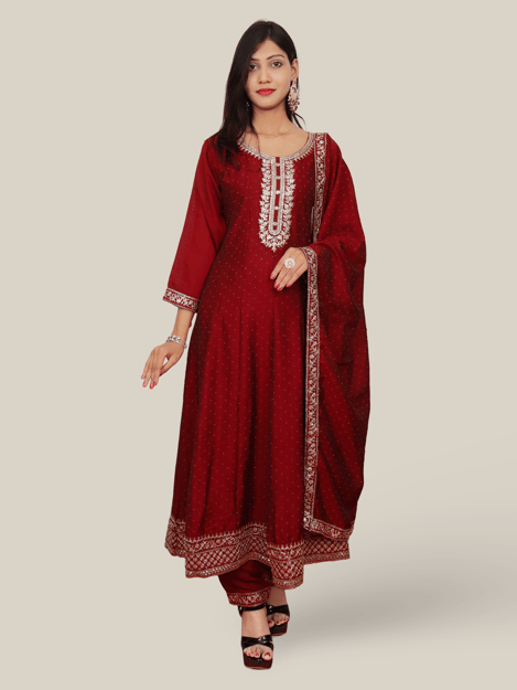 Woman Anarkali Suit Set with Pant-Dupatta