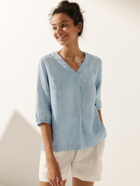 100% Linen Puff Sleeves Top LEAH - Ice Blue / XXL