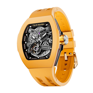 TSAR BOMBA Men's Automatic Skeleton Watch | Interchangeable Luxury Design | Yellow | Atomic TB8218 | Fluororubber