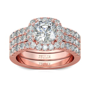 Jeulia 3PC Rose Gold Tone Halo Cushion Cut Sterling Silver Ring Set