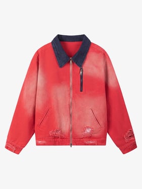 Retro Ripped Washed Contrast Color Work Jacket - Red / 2XL