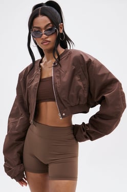 AKIRA Take It Easy Cropped Bomber Jacket | Brown | Size XL