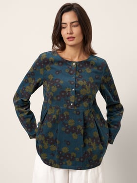 100% Organic Cotton Floral Corduroy Printed Ruched Top ADELE - Blossom Navy / XXL