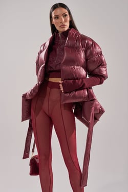 AKIRA Rib Sleeve Peplum Puffer | Burgundy | Size XL