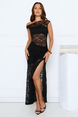 Sultry Spin Lace Off Shoulder Maxi Dress Black