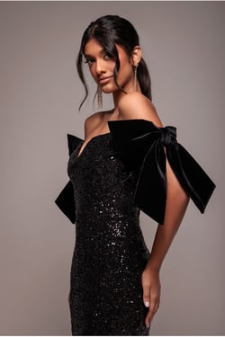 Goddiva Sequin Off The Shoulder Velvet Bow Midi Dress - Black