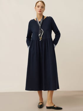 Organic Cotton Patchwork Cuff Crew Neck Casual Maxi Dress SCARLETT - Navy Blue / XXL