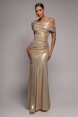 Goddiva Foil Pleated One Shoulder Bardot Fit And Flare Maxi Dress - Gold