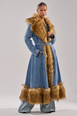 AKIRA Vivian Fur Trim Trench In Denim | Size Small