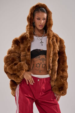 AKIRA Look At Me Now Hooded Fur Bomber Jacket | Brown | Size Large/XL
