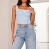 Playful Patchwork Gingham Crop Top Blue