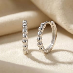 Dainty Beaded Huggie Hoop Sterling Silver Earrings