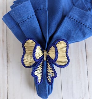 Bow Tie Handwoven Iraca Napkin Ring - Natural Palm with Color Accents / Navy Blue