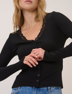 Black Lace Trim Jersey Cardigan