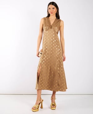Light Brown Foil Satin Midi Dress - 10
