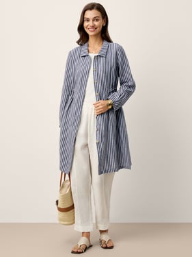 100% Linen Striped Back Drawstring Midi Shirt Dress ADELAIDE - Navy Stripe / XXL