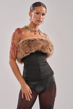 AKIRA So Chic Faux Leather Blouse With Fur Trim | Black | Size 1X