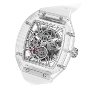 TSAR BOMBA Light Matter Series White Automatic Mechanical Watch | Sapphire Case & Bezel, Skeleton Dial, Fluoroelastomer Strap, Sapphire Crystal, 30M Water-Resistant, A+ Lume