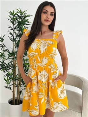Ax Paris Floral Printed Frill Strap Dress - Yellow - 8