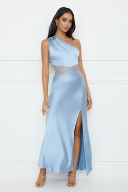 Show You Love One Shoulder Satin Maxi Dress Blue