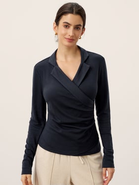 Wool Asymmetric Side Ruched Stretch Top BRIONY - Navy Blue / XXL