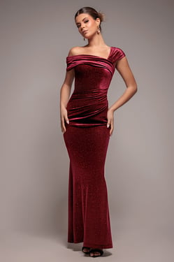Goddiva Glitter Velvet One Shoulder Maxi Dress - Wine