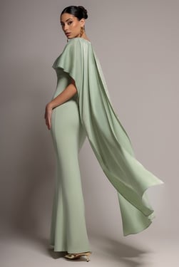 Goddiva Scoop Neck Velvet Satin Cape Sleeve Maxi Dress - Sage Green