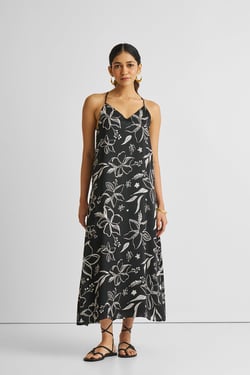 Midi Slip Dress in Black Florals - Floral Monochrome Magic / 2XL