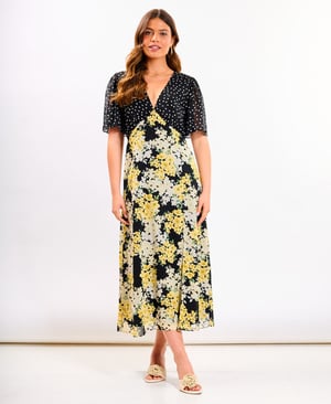 Yellow Floral Flutter Sleeve Midi Dress - 20