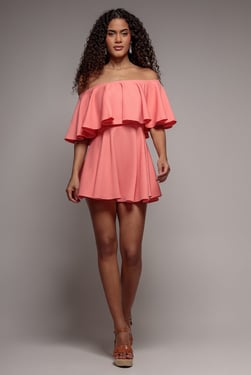Goddiva Off The Shoulder Frill Neck Skater Romper - Coral