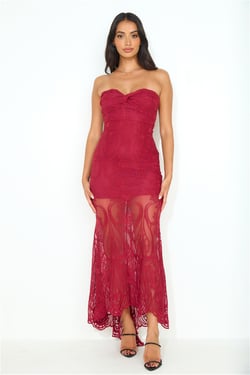 Piano Playing Lace Strapless Maxi Dress Wine