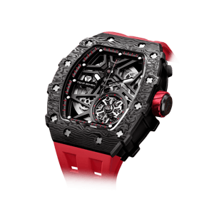 TSAR BOMBA Men's Luxury Tonneau Mechanical Sport Watch | Carbon Fiber Watch | Black Red | Elemental TB8209CF | Japanese Automatic Skeleton Movement | 10ATM Waterproof