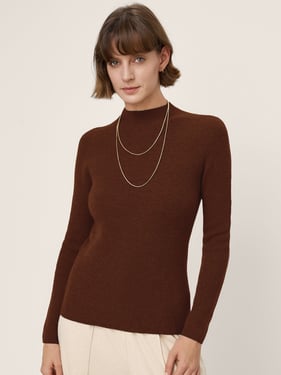 Premium Cashmere Blend Hand-Finished Seamless Fitted Mock Neck Sweater ZINA - Chicory Coffee / L