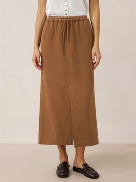 Lyocell Linen Drawstring Split Maxi Skirt SAMANTHA - Cocoa Brown / XXL