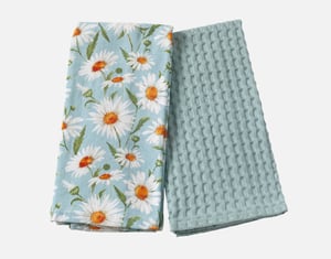 QE Home Cotton Tea Towels in Daisy Field (Set of 2), Scenic, Green