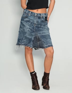 Peace' Laser Print Denim Jean Skirt in Blue