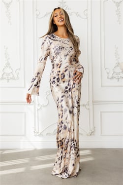 Cheetah Chic Satin Long Sleeve Maxi Dress Multi