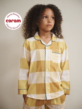 Kids Golden Yellow Gingham Seersucker Traditional Long Pyjama Set - 7-8Y / Gold