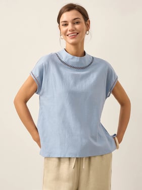 Linen Cutout Turtleneck Top QUINN - Periwinkle / XXXL