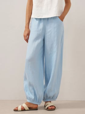 100% Linen Broad Elastic Waistband Pants TALIA - Baby Blue / XXL