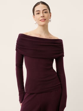Merino Wool Oversized Lapel Convertible Off-Shoulder Top XYLIA - Merlot Mystique / L